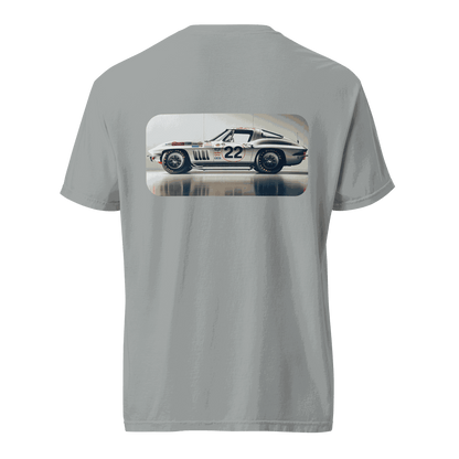 Heritage Classic Car t-shirt with vintage race car graphic on back, made of 100% ring-spun cotton, breathable and durable.