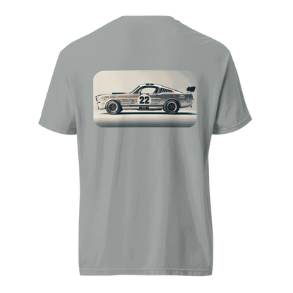 Heritage Mustang Back unisex heavyweight cotton t-shirt with vintage race car print on back