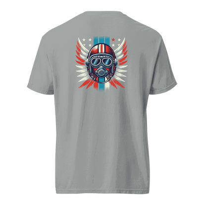 Gray t-shirt featuring a red white blue helmet graphic with wings and stars on the back