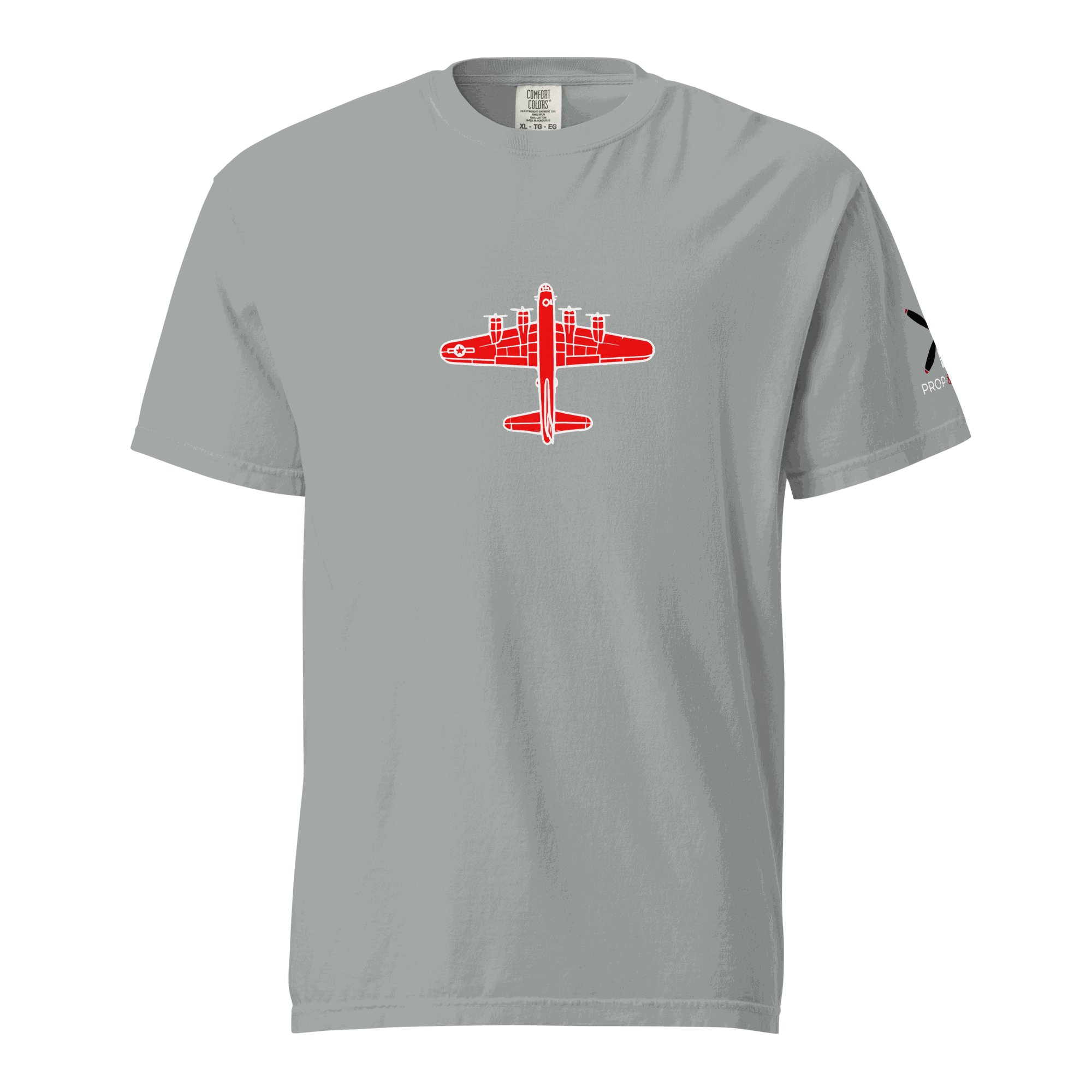 WW2 T-shirt Gray unisex thick structured tee with red bomber airplane graphic, 100% ring-spun cotton, relaxed fit, and durable stitching
