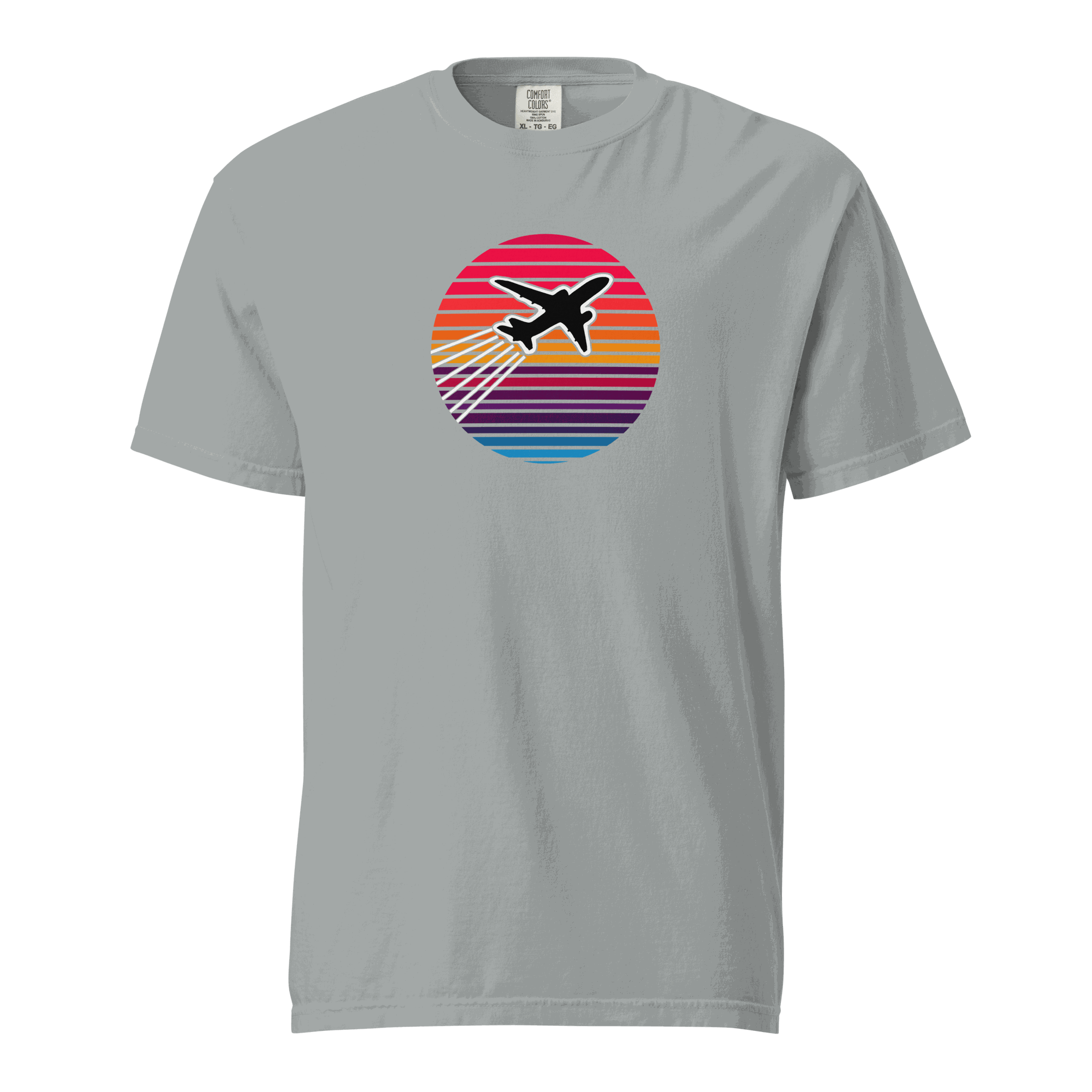 Sunset Flight unisex grey heavyweight t-shirt with colorful sunset and airplane graphic