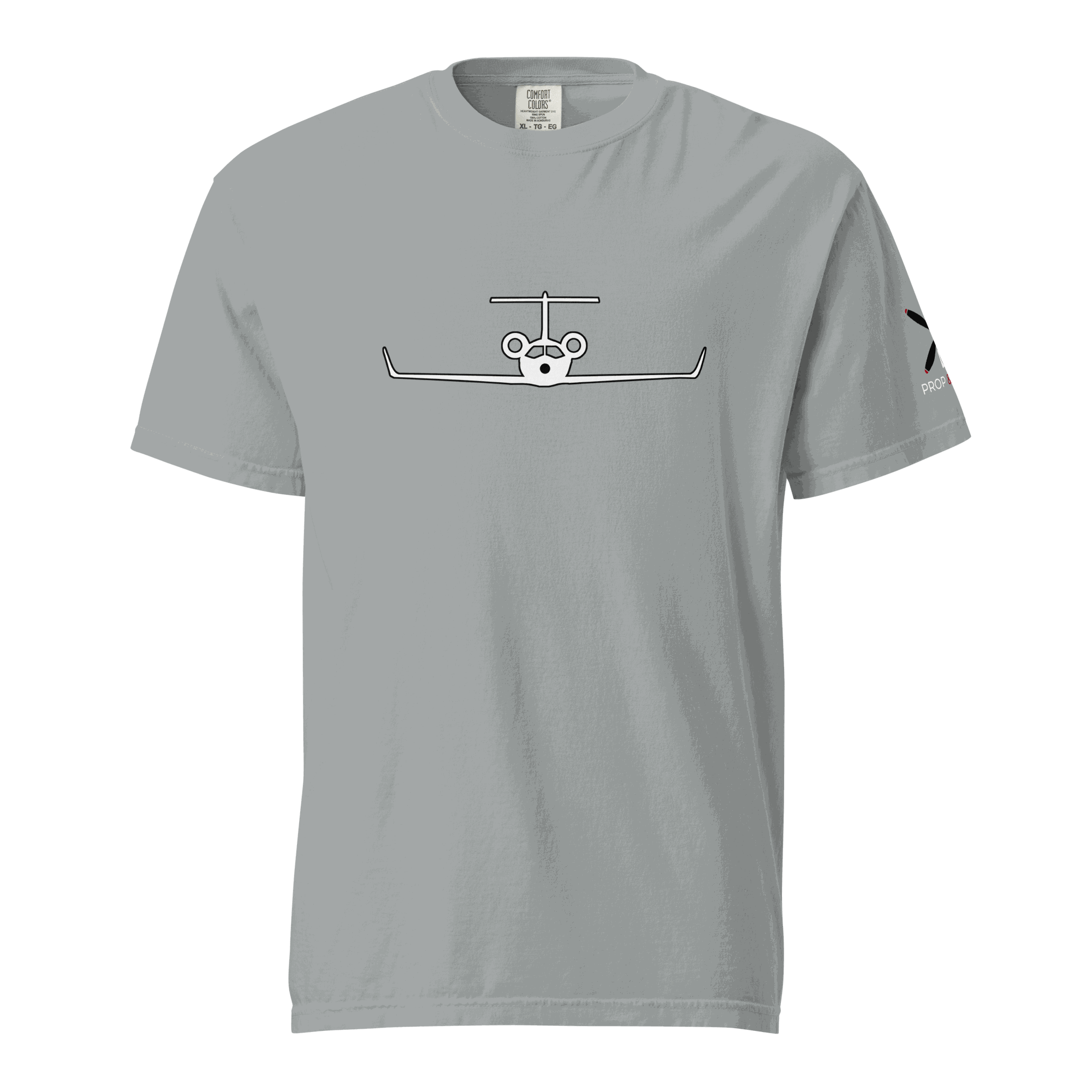 Gray unisex heavyweight cotton t-shirt with minimalist private jet front graphic and logo on sleeve