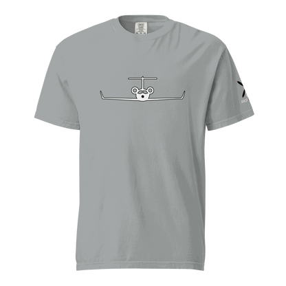Gray unisex heavyweight cotton t-shirt with minimalist private jet front graphic and logo on sleeve