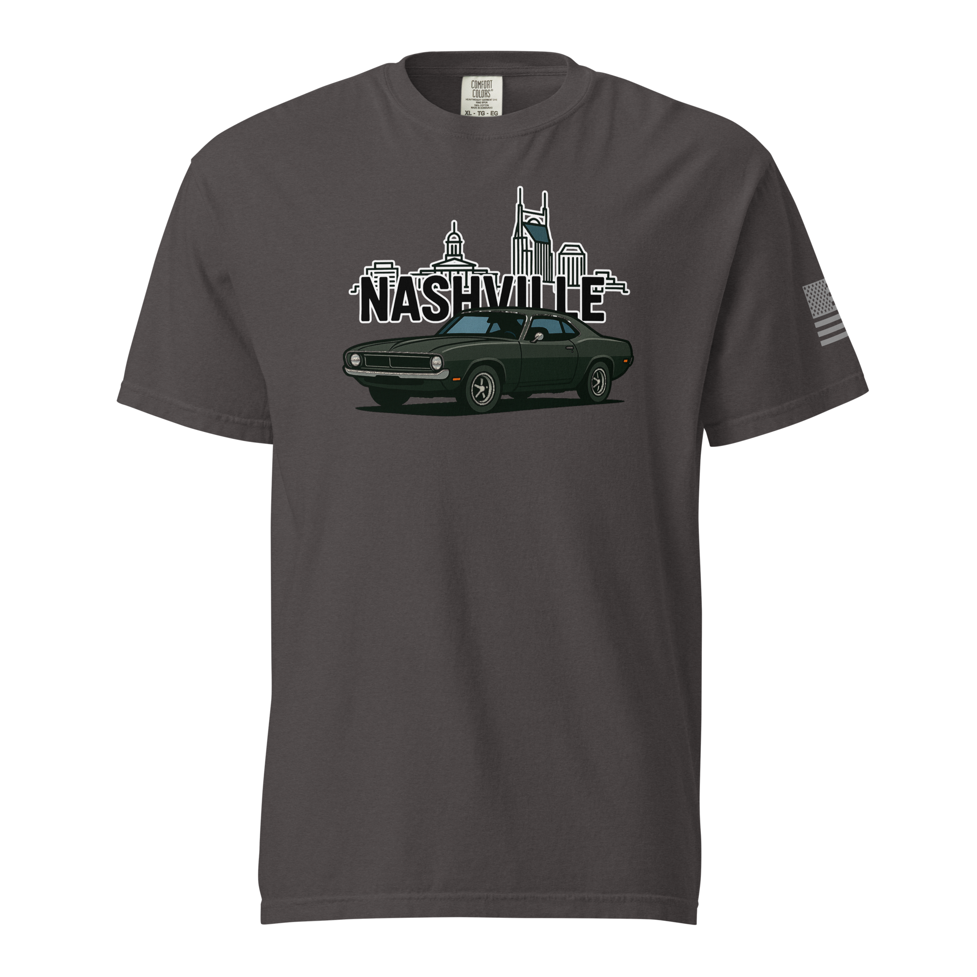Nashville classic car t-shirt featuring a stylish car graphic and Nashville skyline in the background.