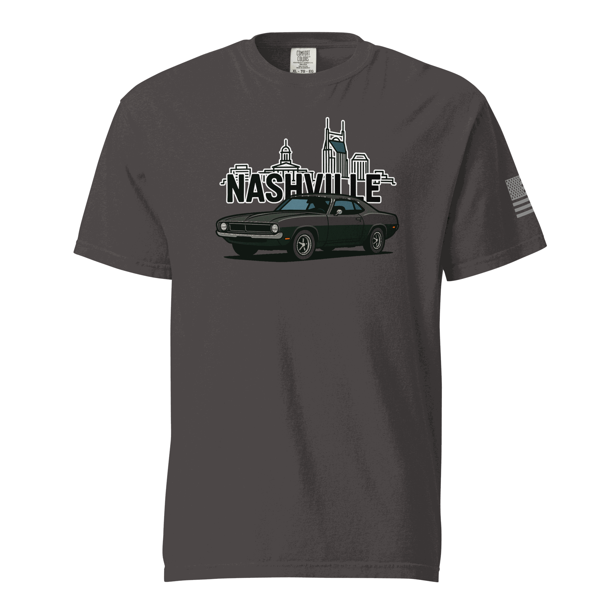 Nashville classic car t-shirt featuring a stylish car graphic and Nashville skyline in the background.