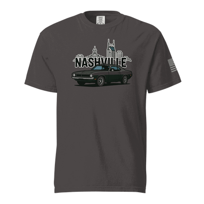 Nashville classic car t-shirt featuring a stylish car graphic and Nashville skyline in the background.
