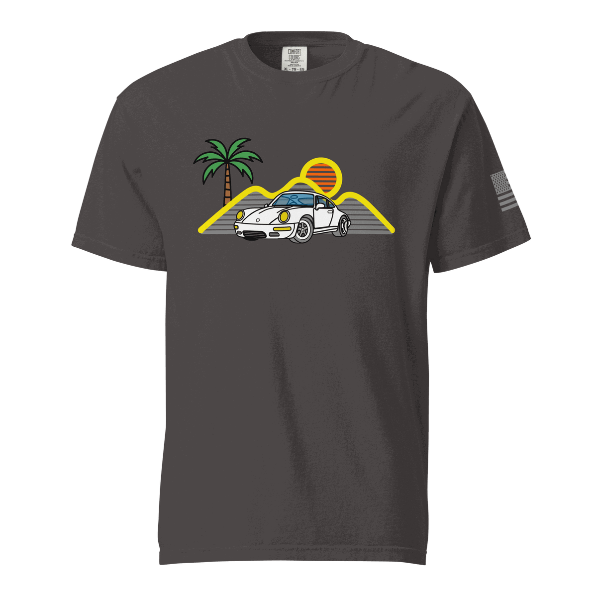 Retro sport car silhouette with sunset palm design on Sport Car T-Shirt