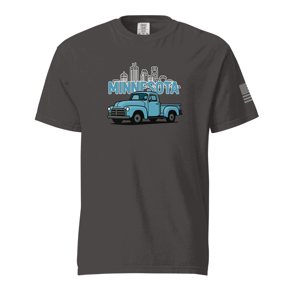 Dark gray Minnesota classic truck t-shirt with vintage blue truck and city skyline design