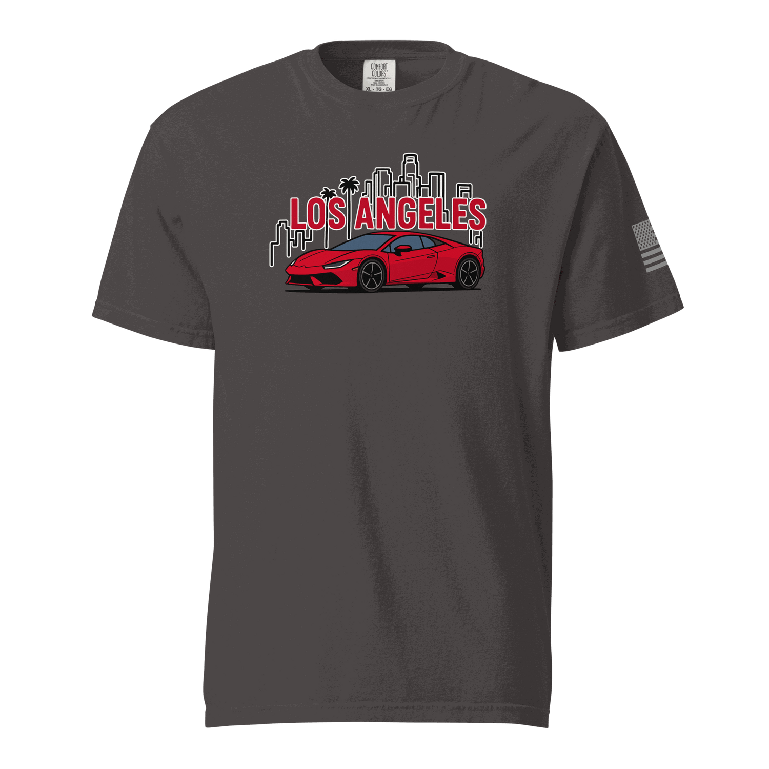 Los Angeles Tee with red supercar and city skyline graphic on charcoal gray cotton t-shirt