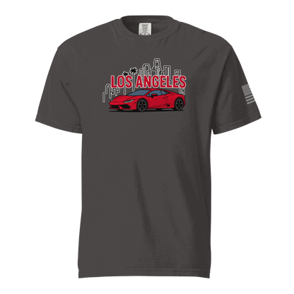Los Angeles Tee with red supercar and city skyline graphic on charcoal gray cotton t-shirt
