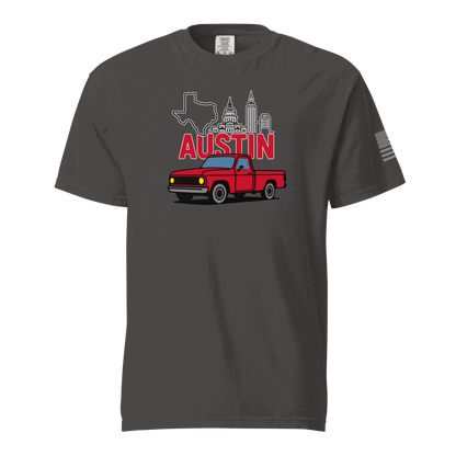 Austin Texas t shirt with retro red truck and Austin skyline graphic on charcoal cotton tee