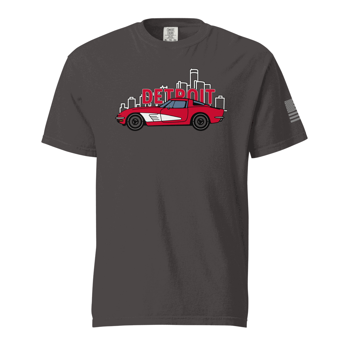 Detroit Corvette T-shirt with red classic sports car graphic and Detroit skyline on charcoal fabric