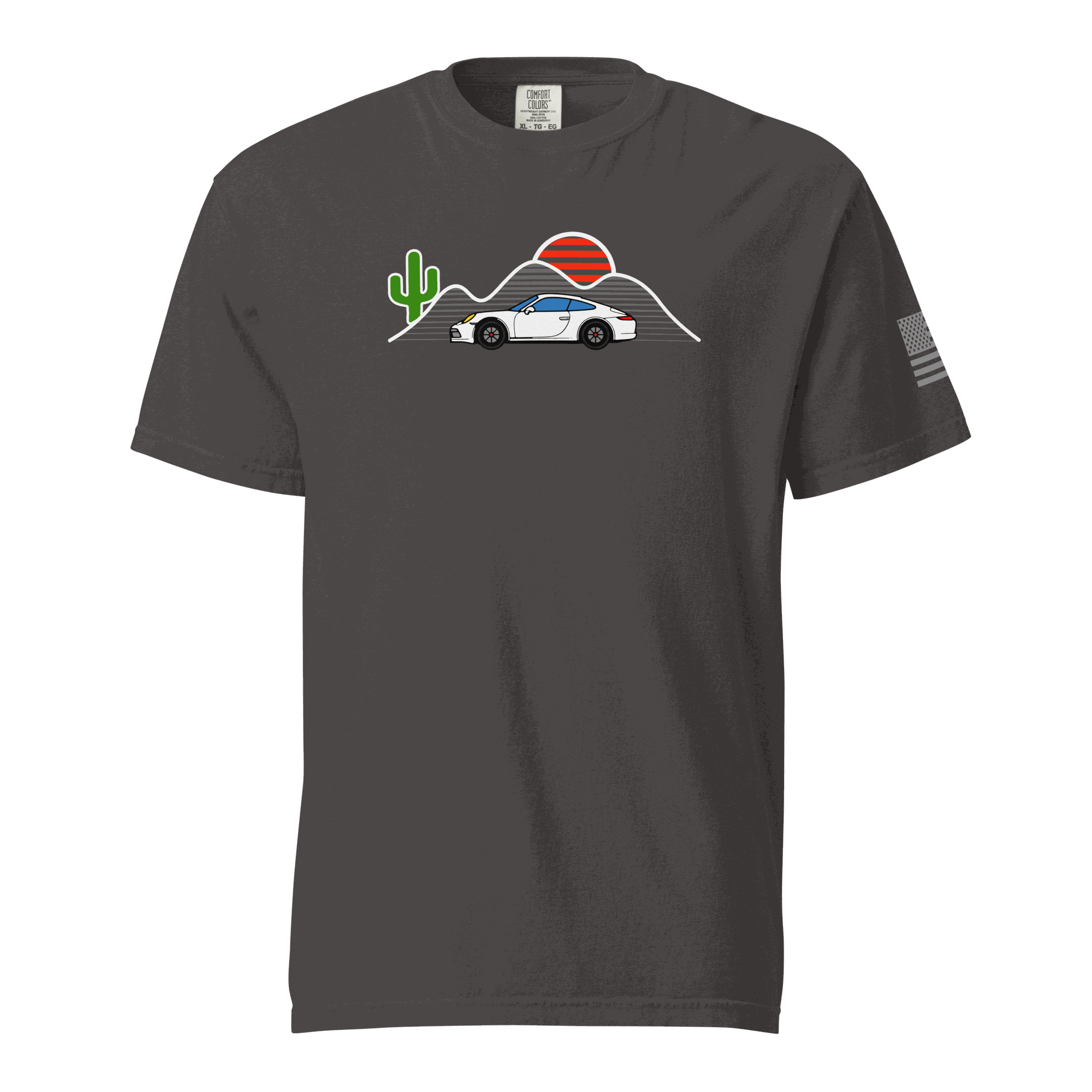 Black Sunset Sports Car T-Shirt with retro sunset, mountain, cactus, and sports car graphic