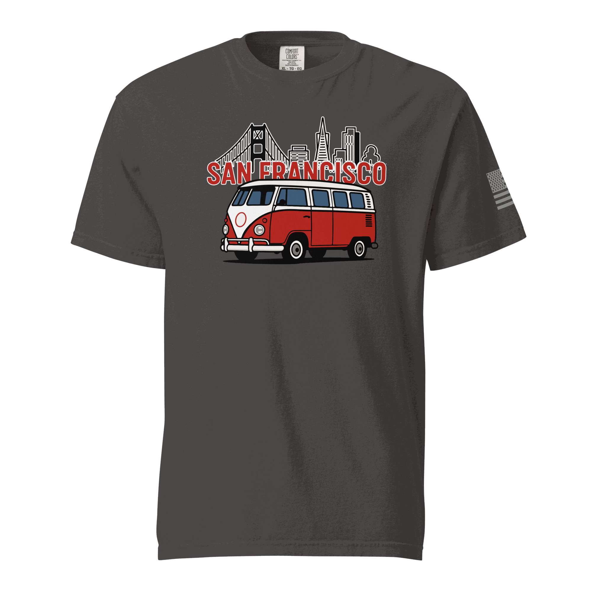 Vintage San Francisco t-shirt with classic red and white van and city skyline design on charcoal gray cotton tee