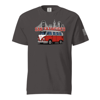 Vintage San Francisco t-shirt with classic red and white van and city skyline design on charcoal gray cotton tee
