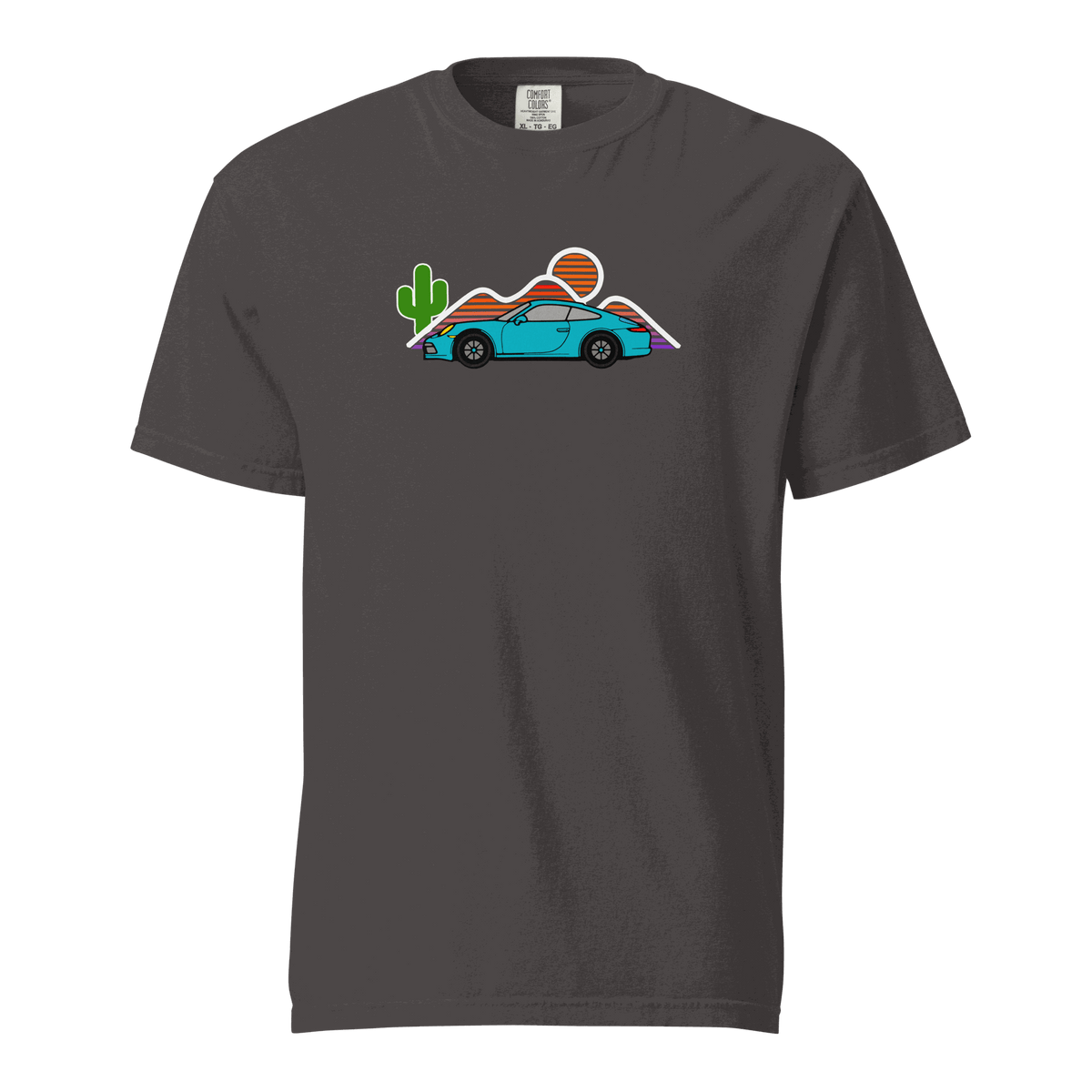 Sports car sunset graphic on soft vintage-style t-shirt in warm sunset hues
