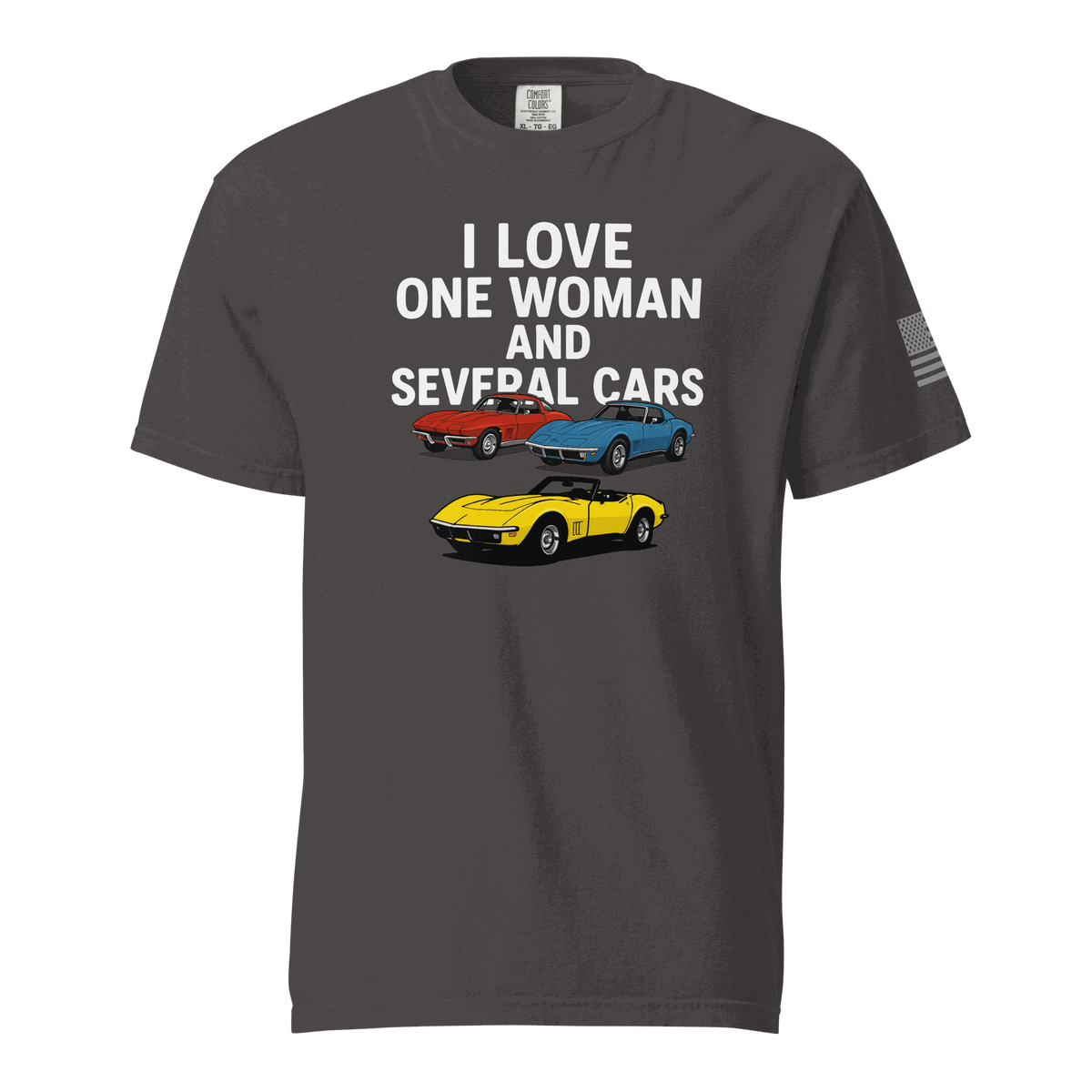 Funny t-shirt with white text "Love one woman several cars" on black cotton fabric