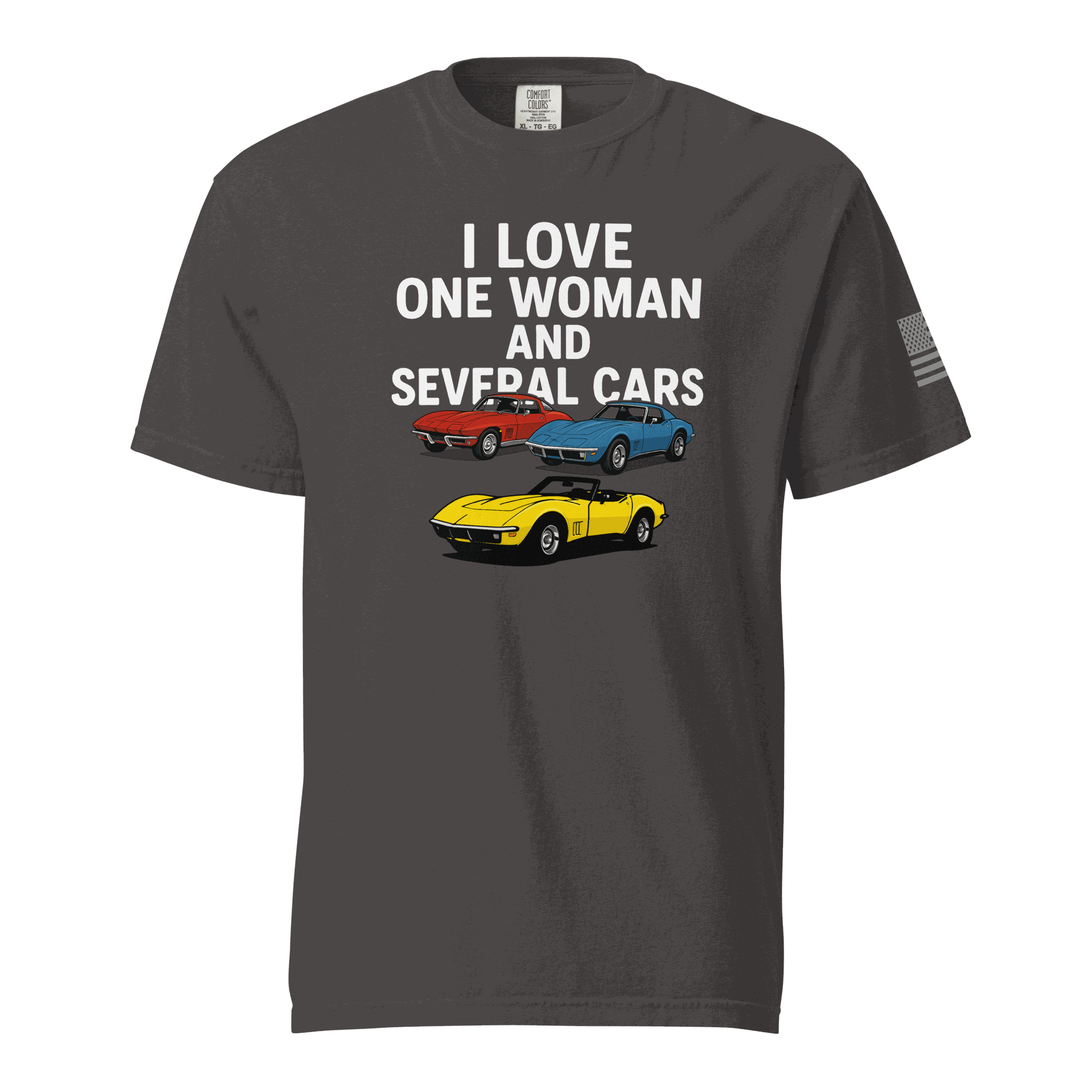 Funny t-shirt with "I love one woman and several cars" text and colorful car illustrations on black cotton tee