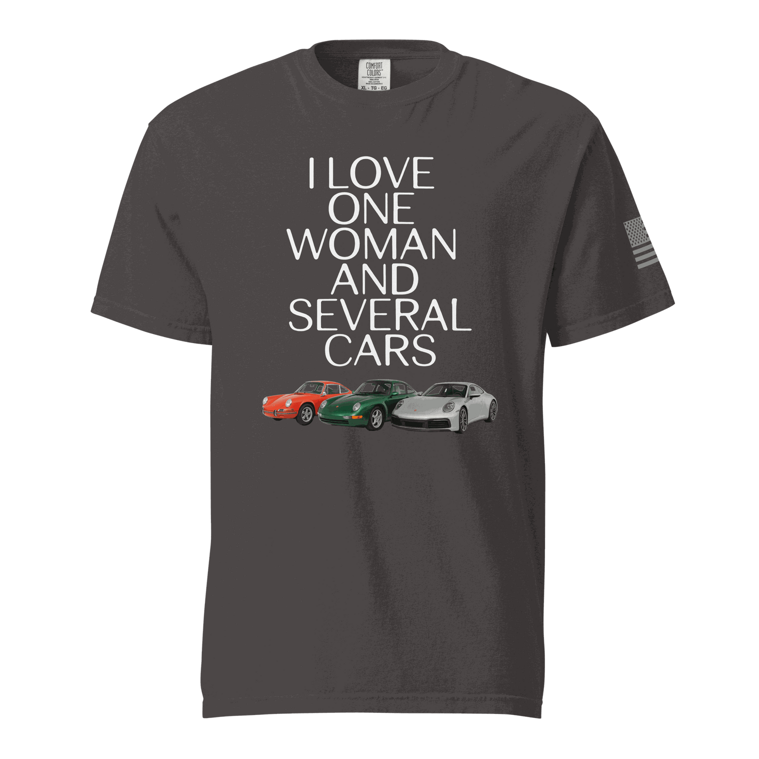 Black heavyweight cotton t-shirt with &quot;I Love One Woman and Several Cars&quot; text and three sports car images.
