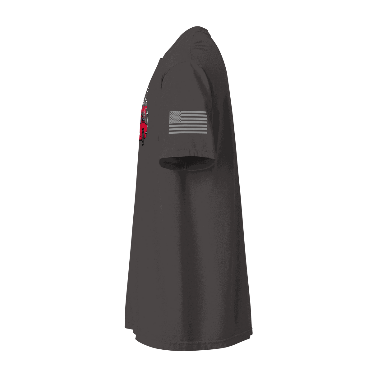 Side view of Detroit Corvette T-Shirt in dark fabric with American flag print on sleeve and partial red Corvette graphic visible