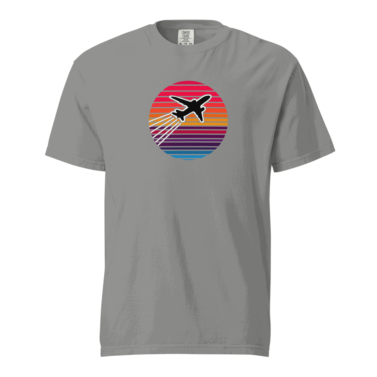 Sunset Flight unisex heavyweight t-shirt with airplane graphic on gray garment-dyed cotton fabric