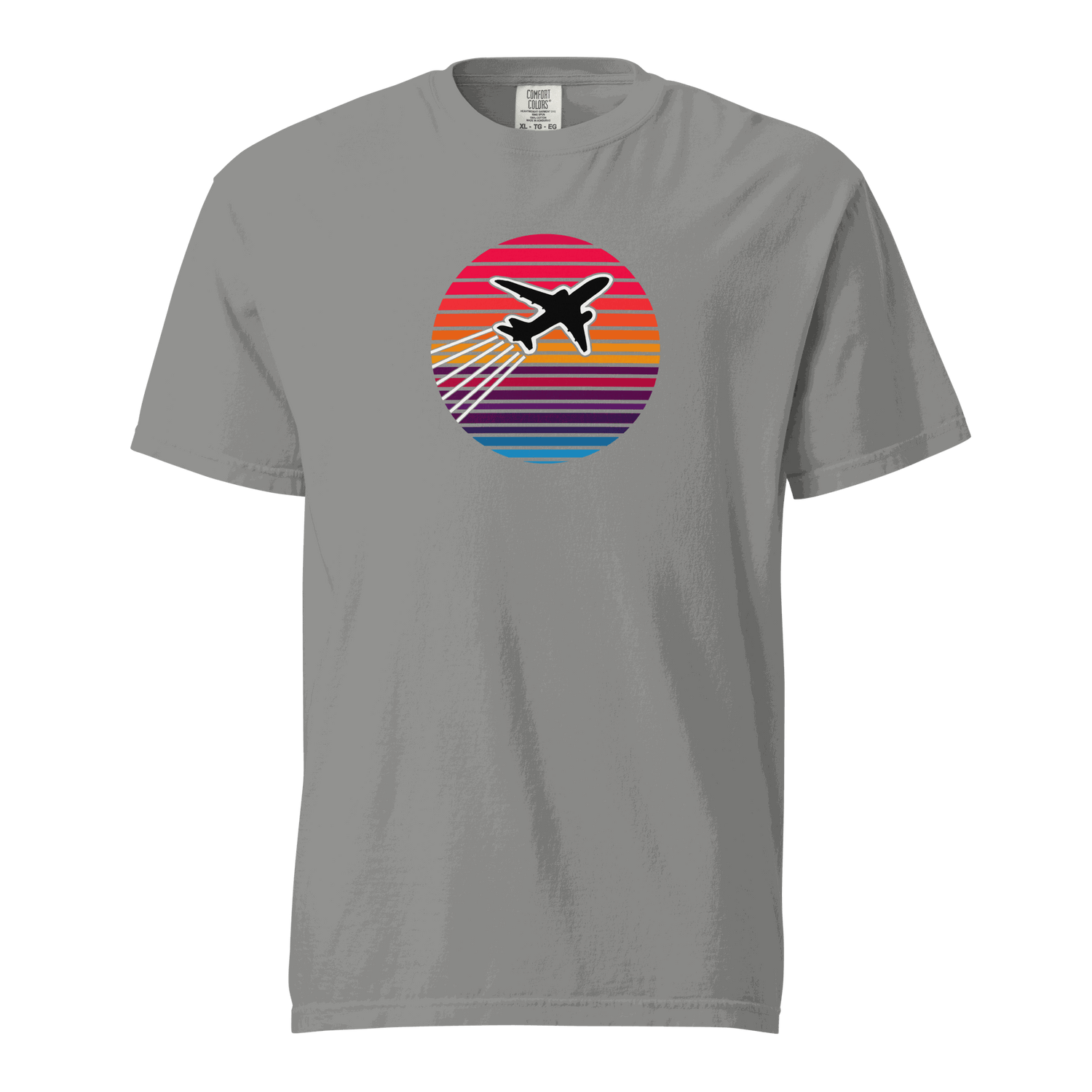 Sunset Flight unisex heavyweight t-shirt with airplane graphic on gray garment-dyed cotton fabric
