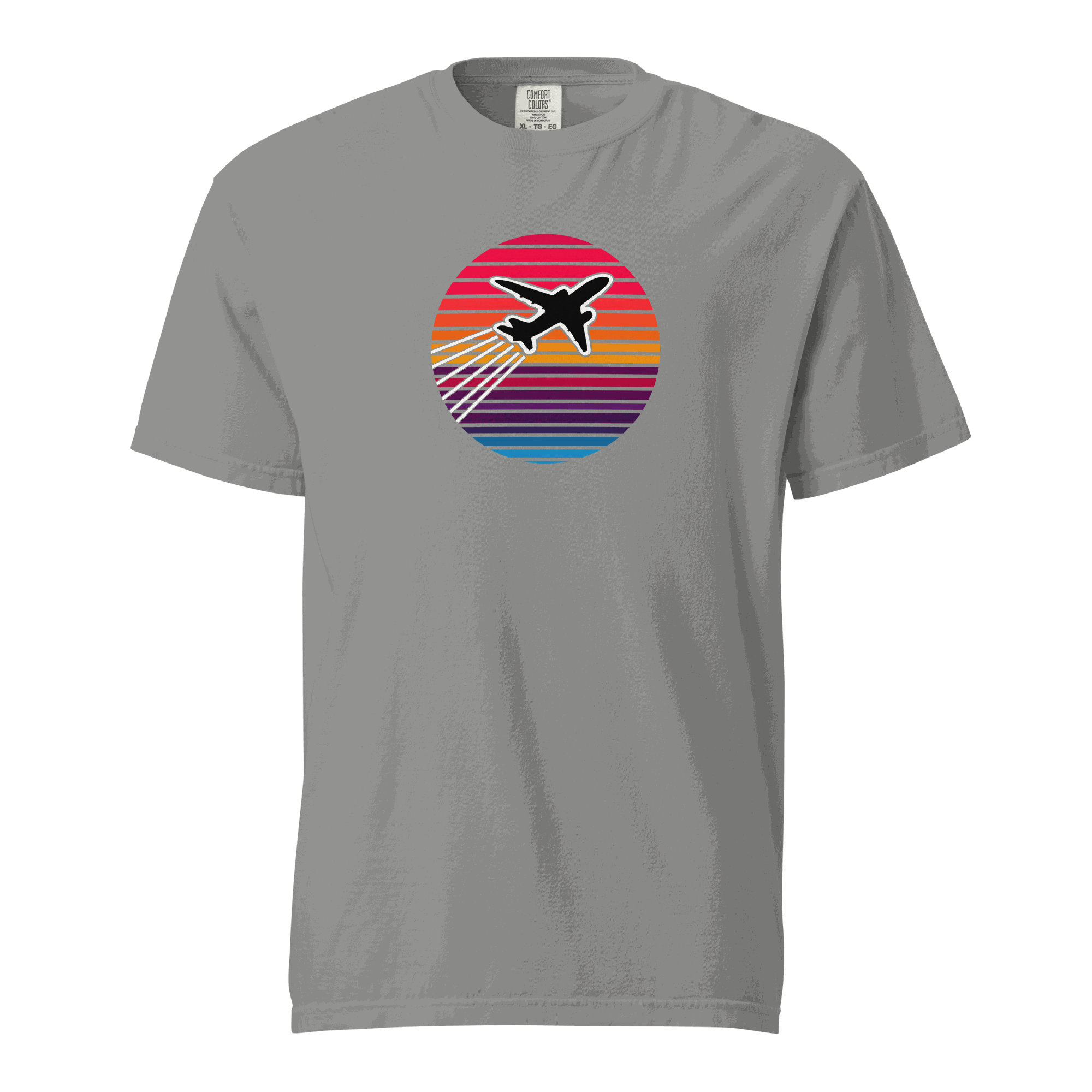 Sunset Flight unisex heavyweight t-shirt with airplane graphic on gray garment-dyed cotton fabric