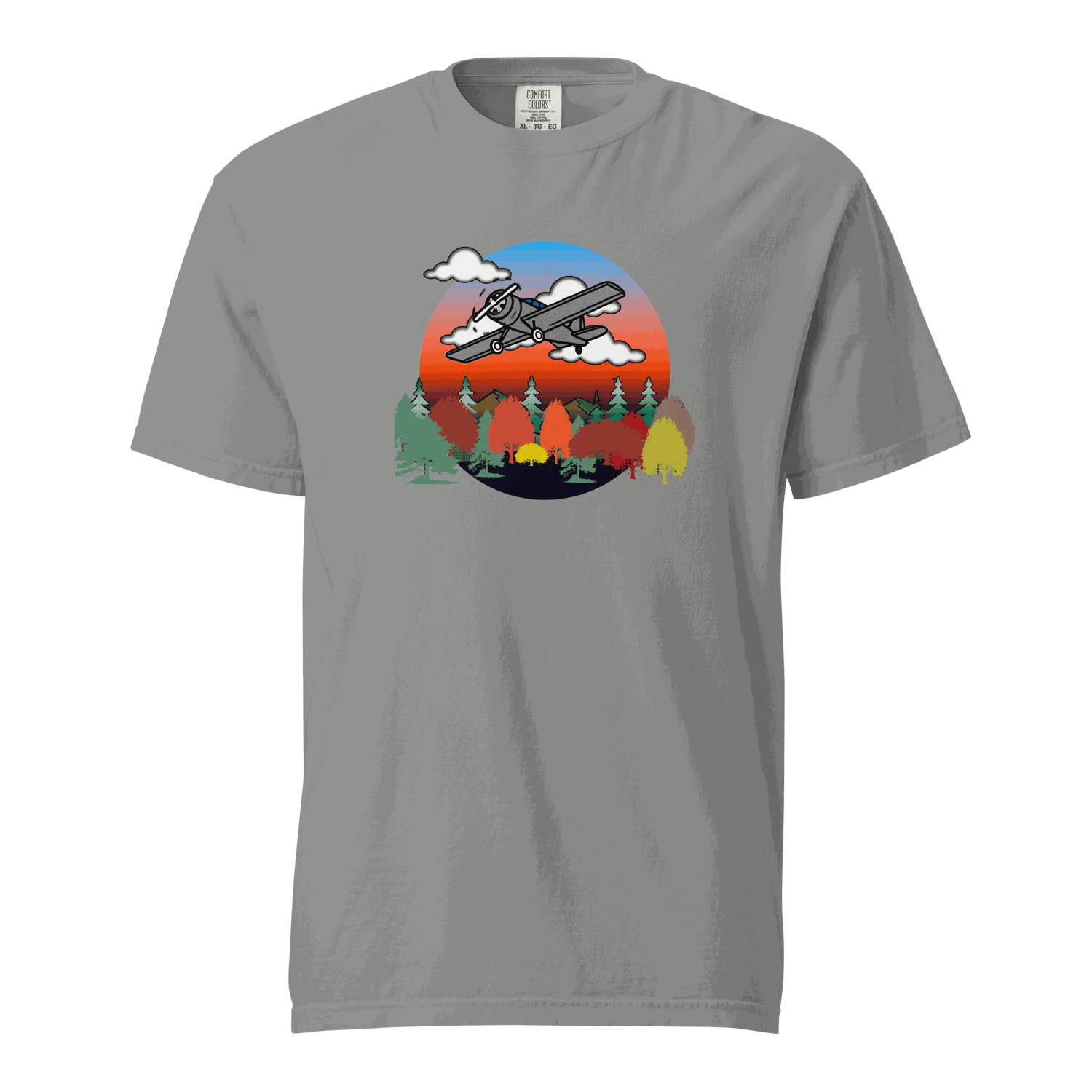 Unisex grey plane t-shirt with autumn forest and sunset graphic, 100% ring-spun cotton, heavyweight breathable fabric