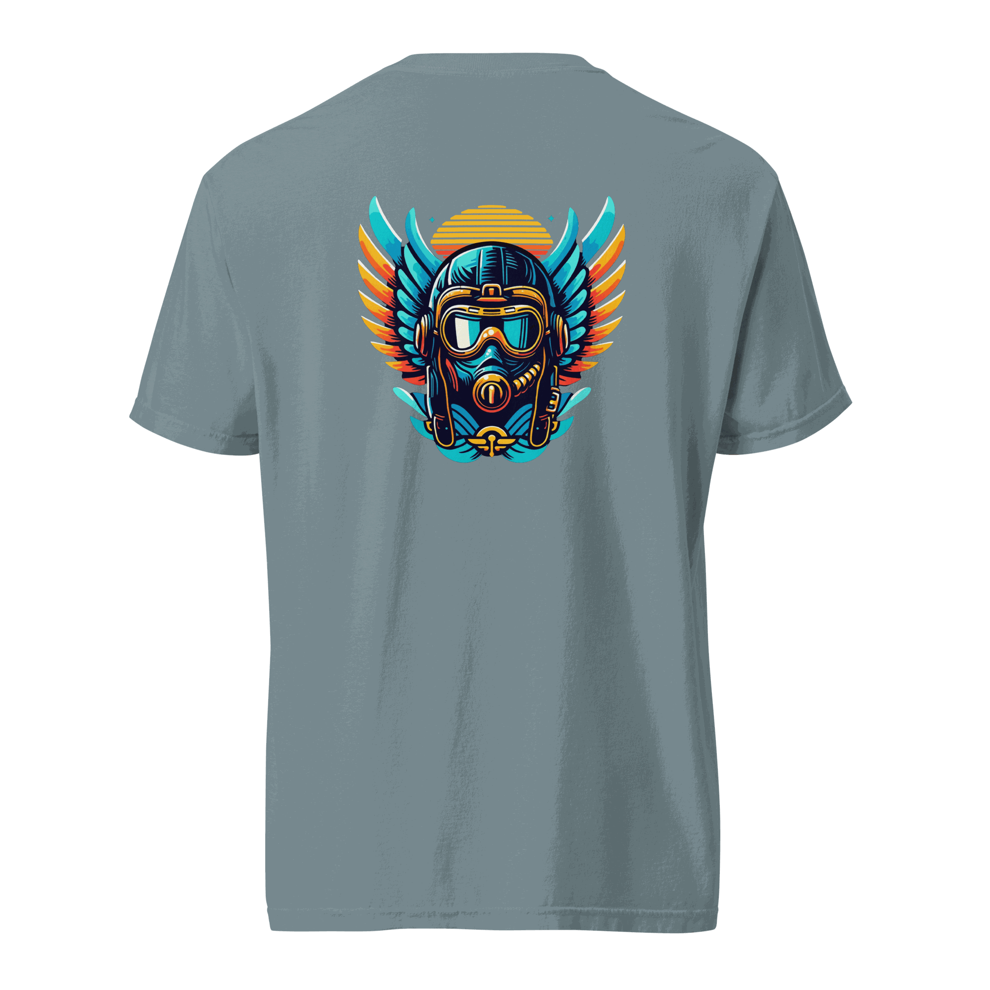 Blue and orange flight helmet graphic on grey unisex heavyweight cotton t-shirt
