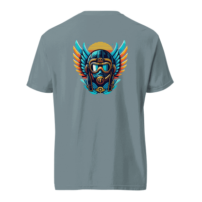 Blue and orange flight helmet graphic on grey unisex heavyweight cotton t-shirt