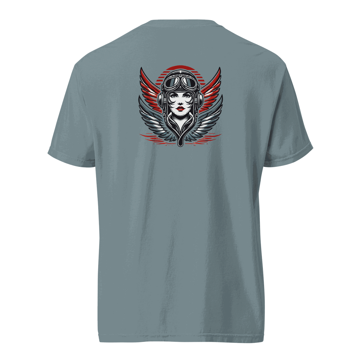 Unisex heavyweight cotton t-shirt with female wings helmet graphic on back