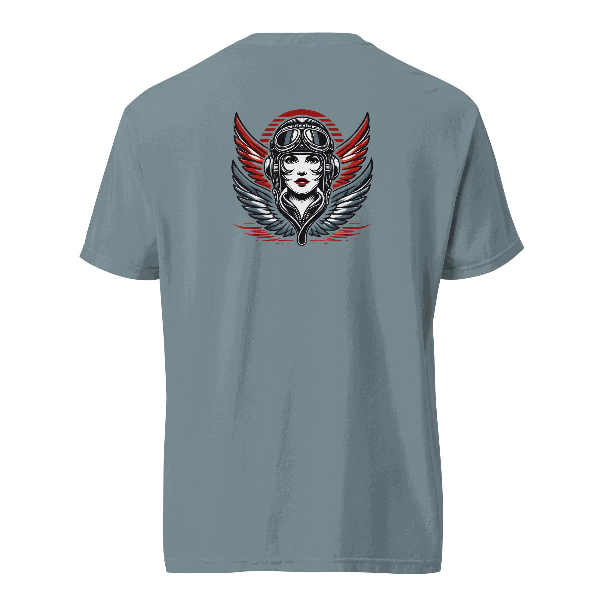 Unisex heavyweight cotton t-shirt with female wings helmet graphic on back