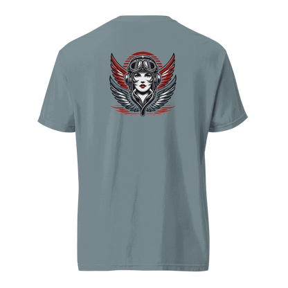 Unisex heavyweight cotton t-shirt with female wings helmet graphic on back