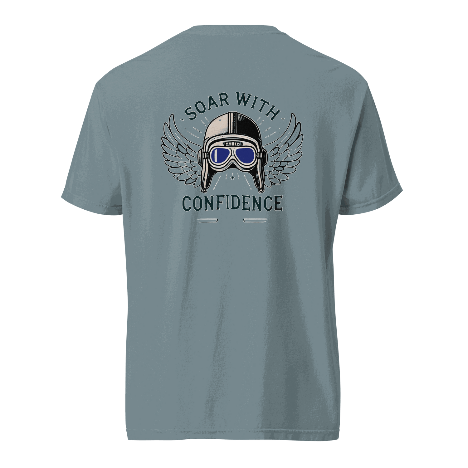Blue Flying Machine t-shirt with goggles and wings graphic and &quot;Soar with Confidence&quot; text on back