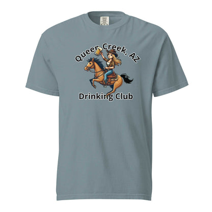 Queen Creek AZ Cowgirl Drinking Club unisex heavyweight cotton t-shirt with horse and rider graphic