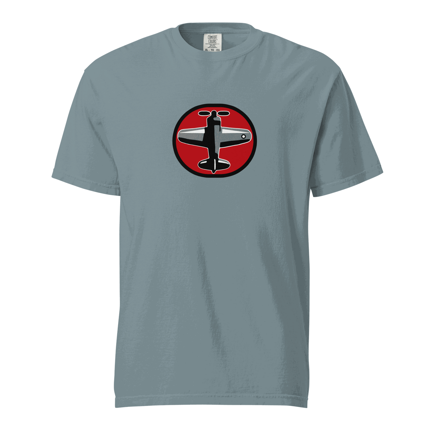 Prop 1 Unisex garment-dyed heavyweight t-shirt in gray with airplane graphic, made of 100% ring-spun cotton, soft and breathable.