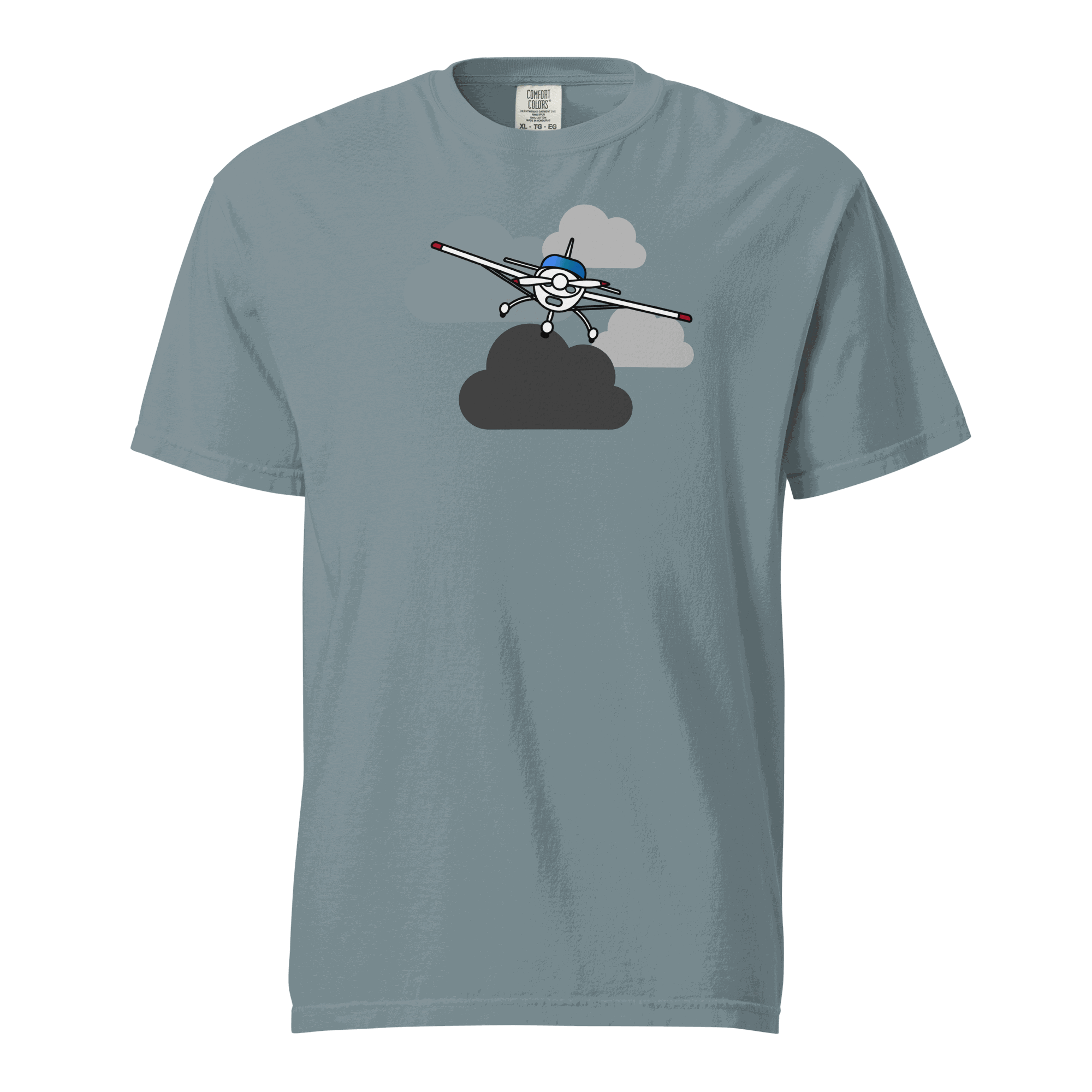 Vintage airplane t-shirt featuring a prop plane flying through clouds on a soft, heavyweight unisex cotton tee
