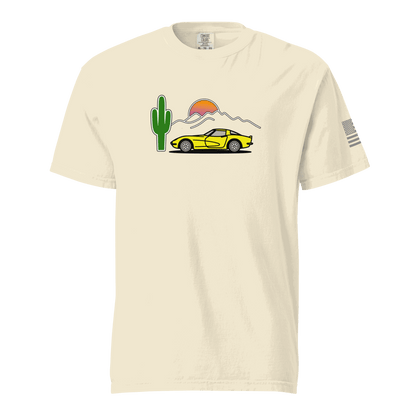 Vintage T-Shirt Sunset T-Shirt with yellow corvette and mountain sunset