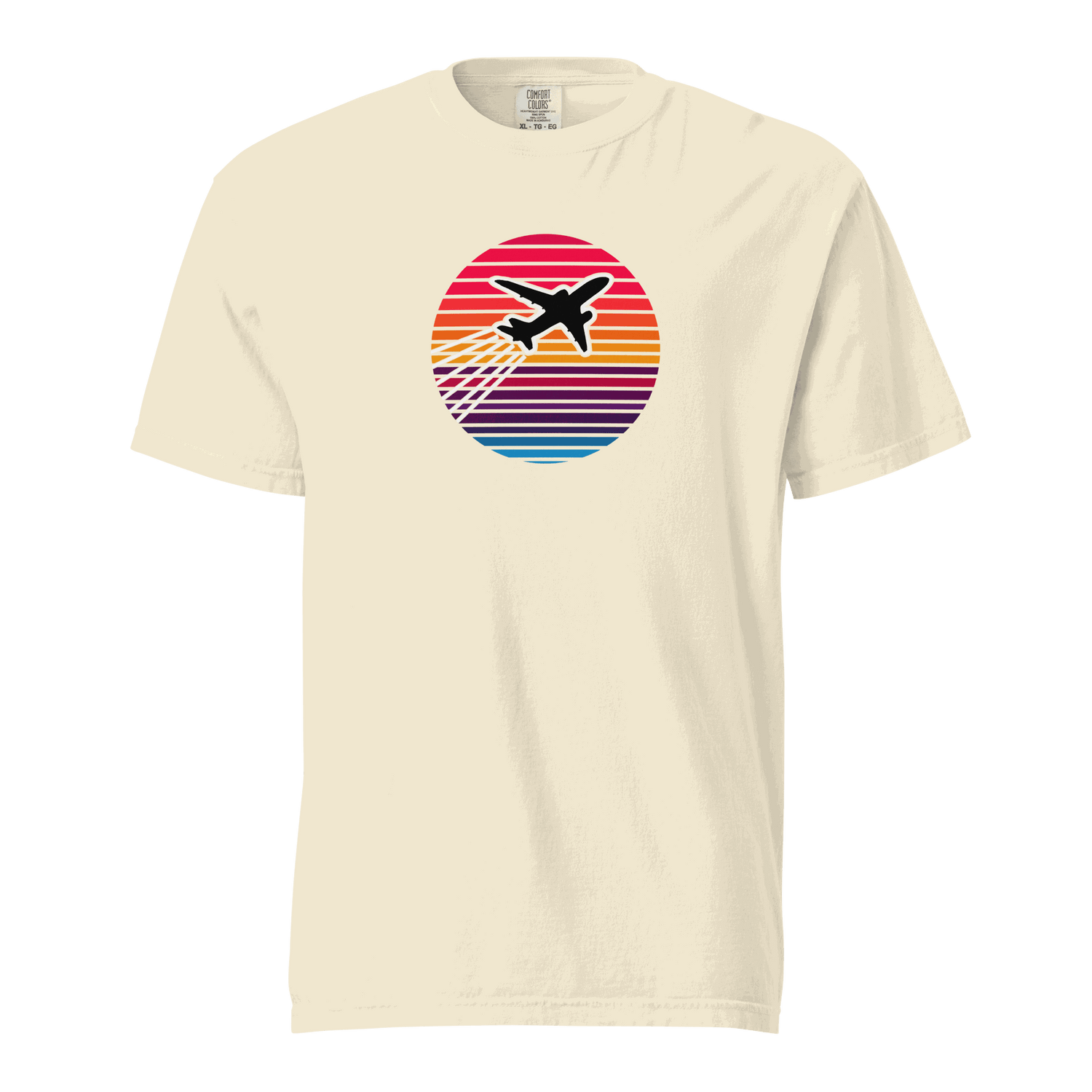 Unisex heavyweight cream t-shirt with colorful sunset flight airplane graphic, 100% ring-spun cotton, relaxed fit.