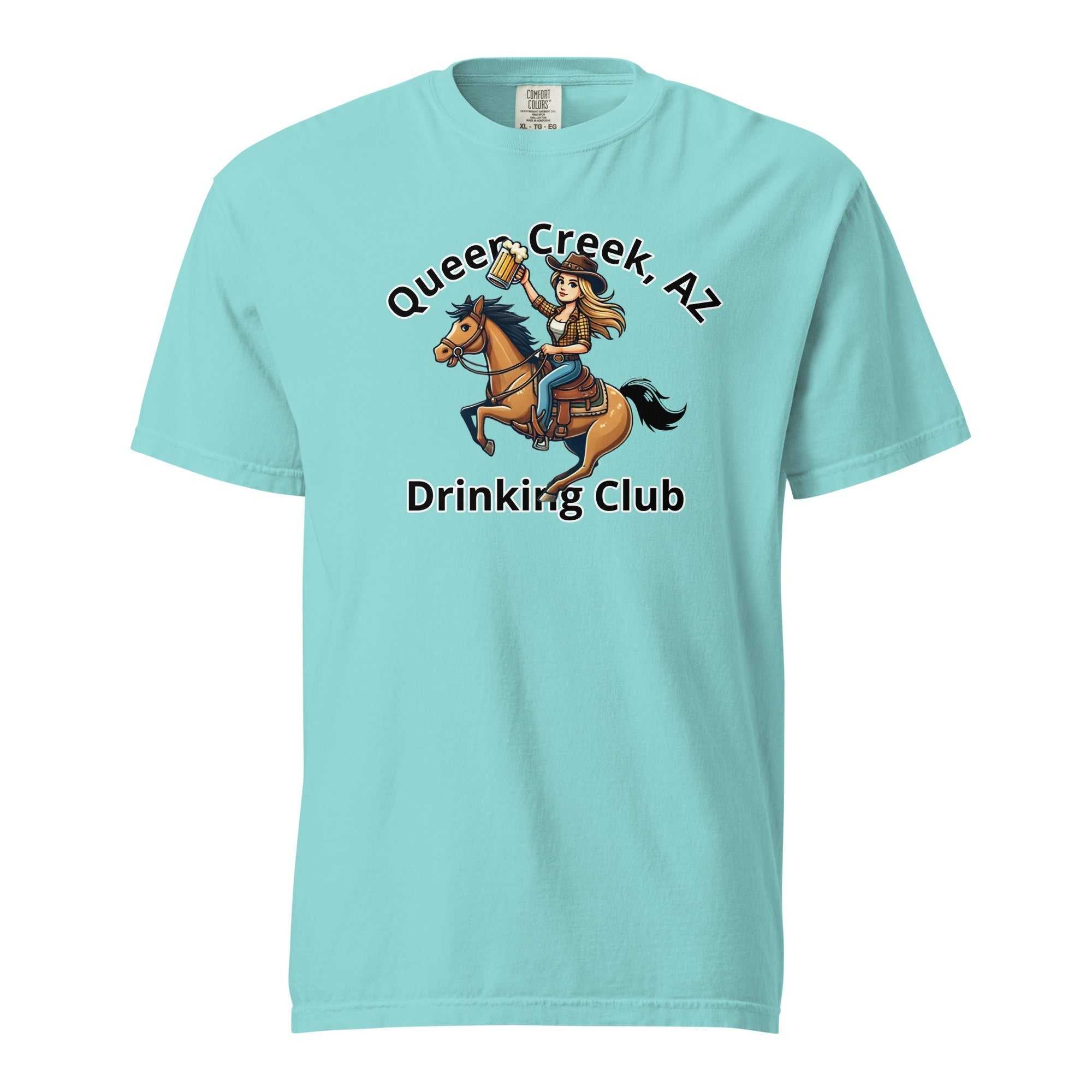 Queen Creek AZ Cowgirl Drinking Club unisex heavyweight cotton t-shirt in light blue with graphic design