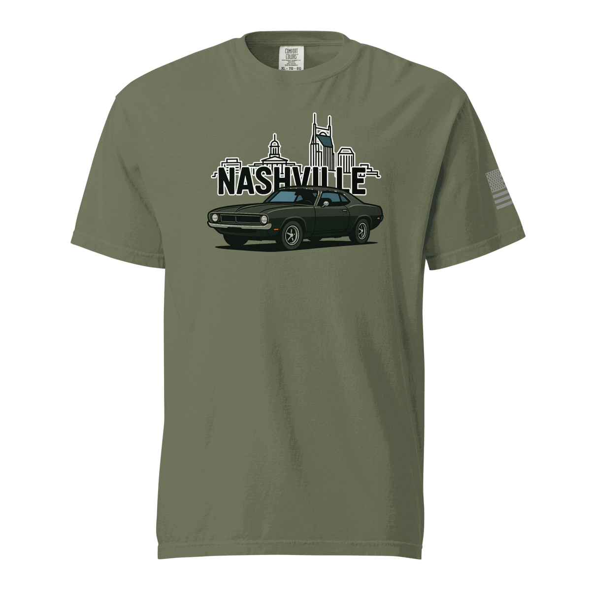 Nashville classic car t-shirt featuring a vintage car design and city skyline in olive green color.