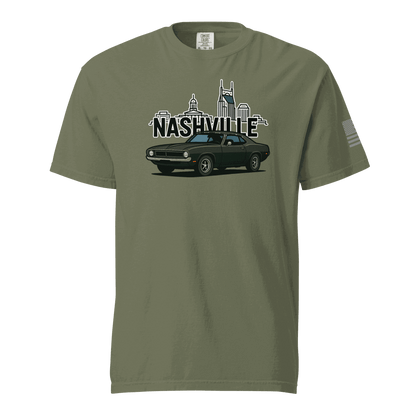 Nashville classic car t-shirt featuring a vintage car design and city skyline in olive green color.