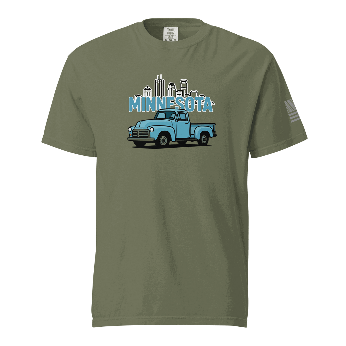 Minnesota classic truck vintage blue truck graphic t-shirt on olive cotton tee