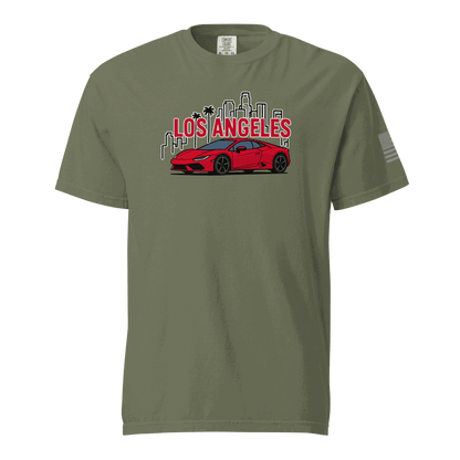 Olive green Los Angeles Tee with red supercar and city skyline graphic