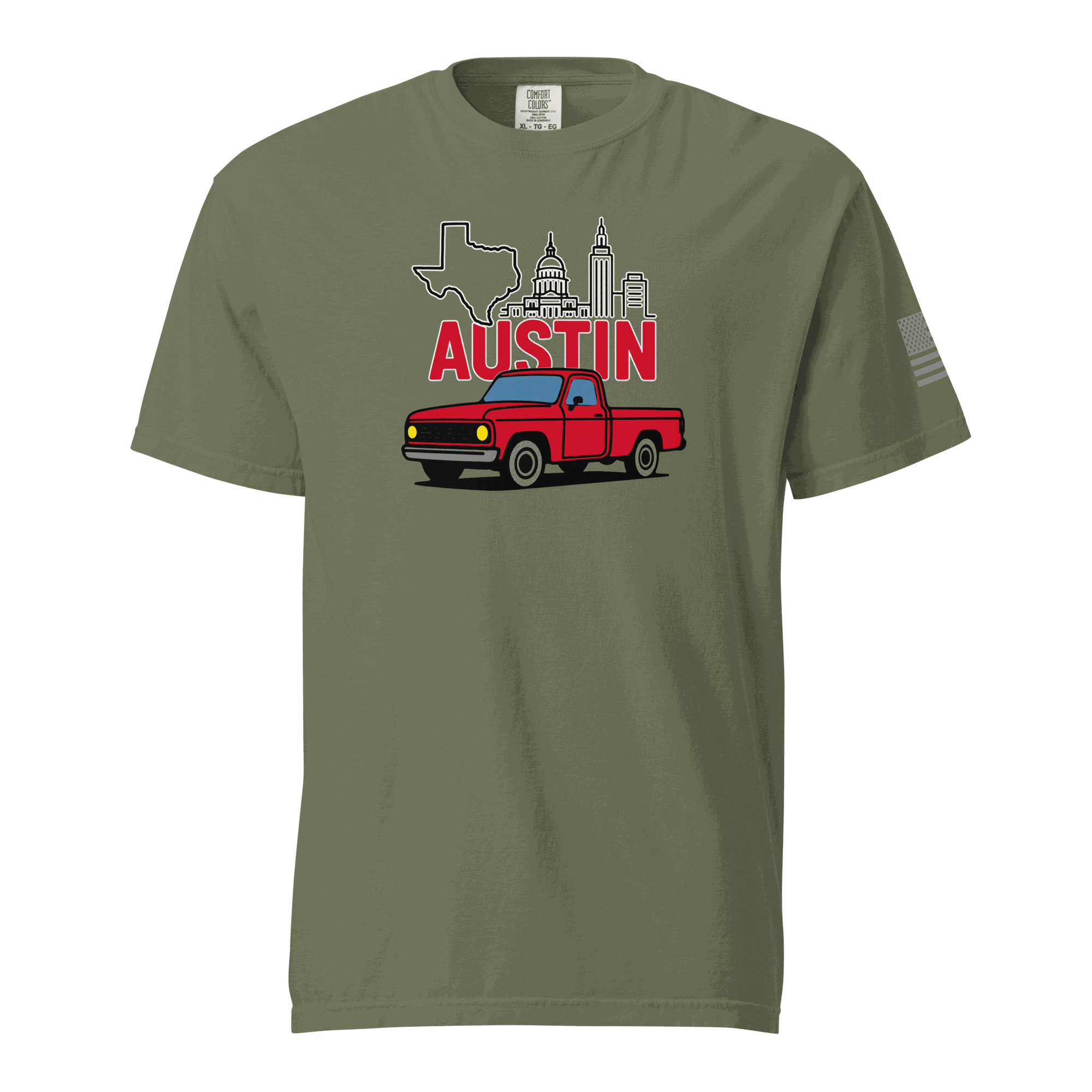 Austin Texas T shirt with Keep Austin Weird design featuring vintage red truck and Austin skyline on olive cotton tee
