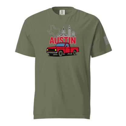 Austin Texas T shirt with Keep Austin Weird design featuring vintage red truck and Austin skyline on olive cotton tee