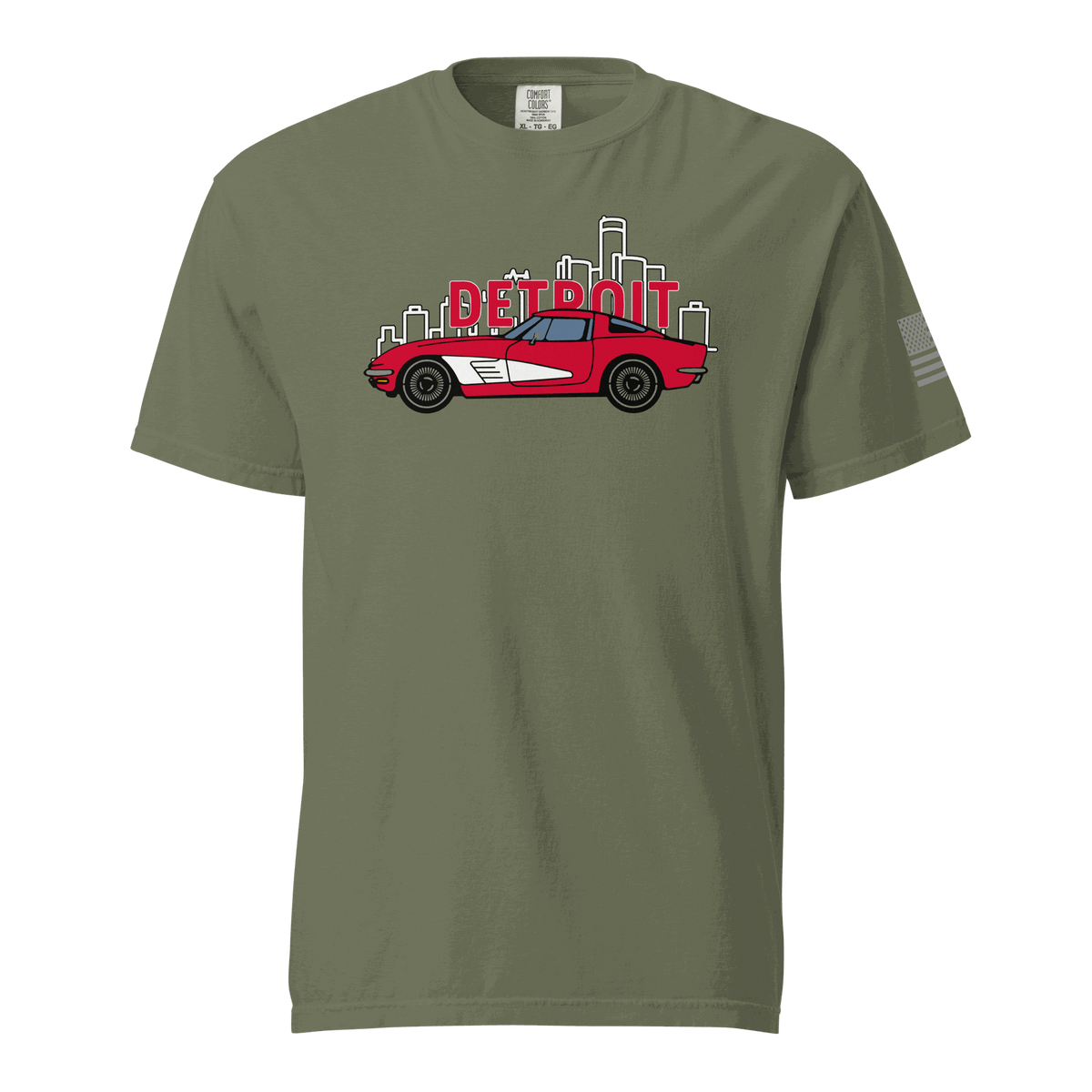 Olive Detroit Corvette T-shirt with red classic sports car and Detroit skyline graphic