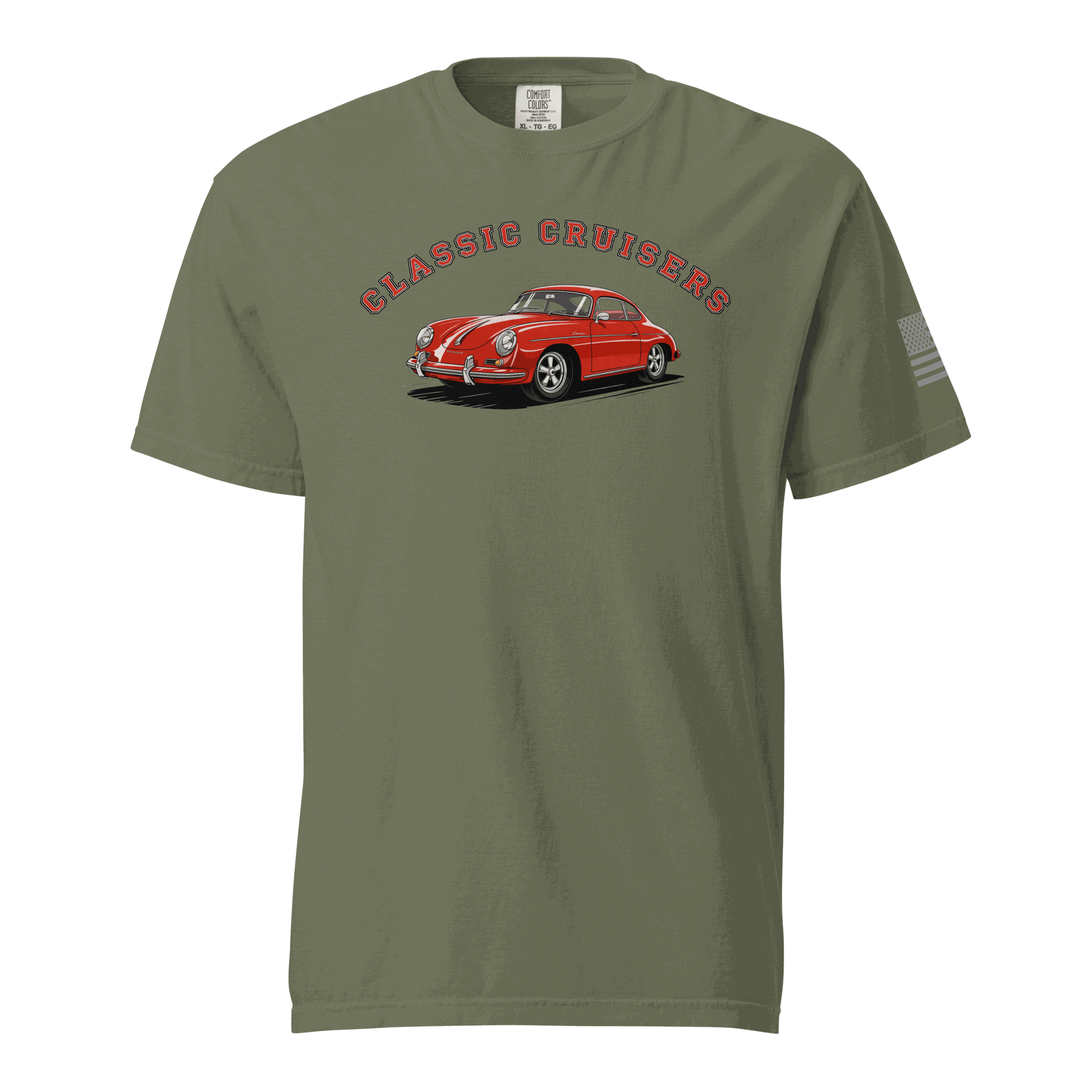 Olive green Varsity Sports Car t-shirt with red vintage car and &quot;Classic Cruisers&quot; text, soft heavyweight cotton tee