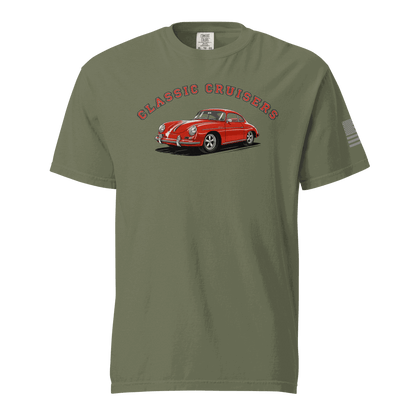 Olive green Varsity Sports Car t-shirt with red vintage car and &quot;Classic Cruisers&quot; text, soft heavyweight cotton tee