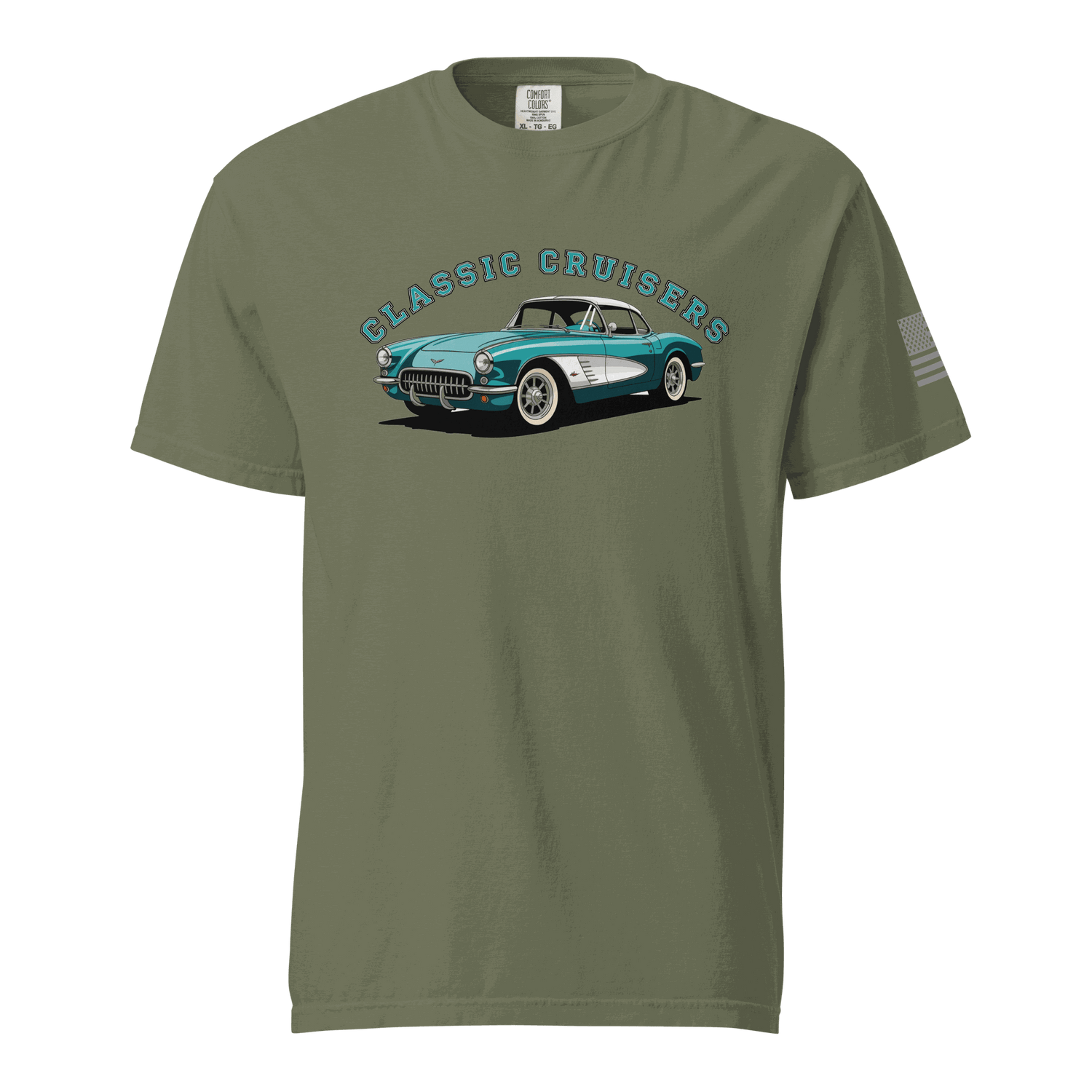 Classic T-shirt with Classic Cruisers vintage car graphic on olive green soft cotton fabric